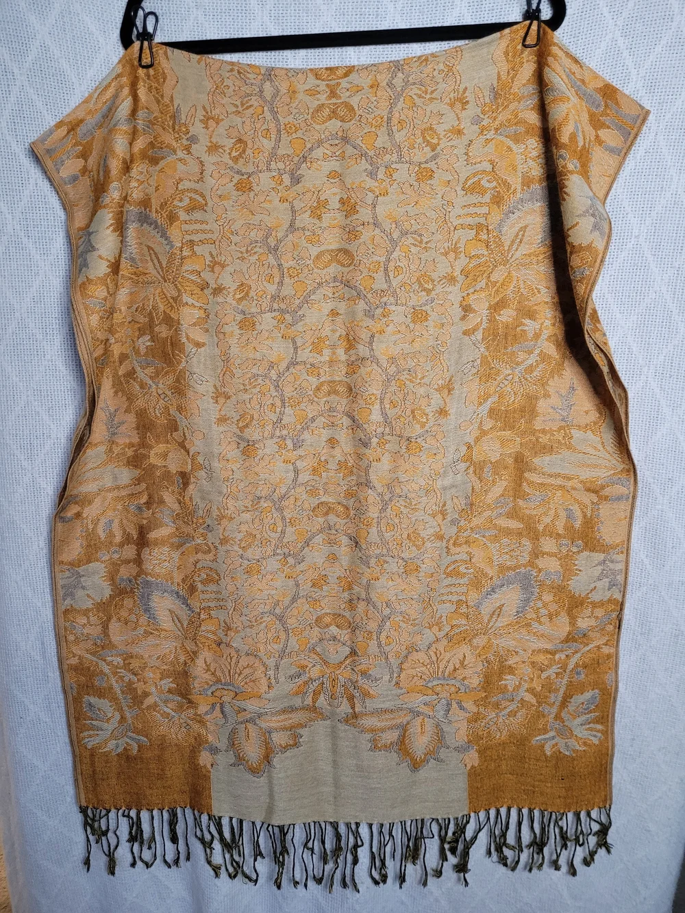 Reversible Ochre Floral Woven Shawl Scarf Fringe Wrap